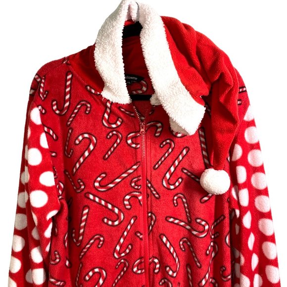#Follow me Christmas one piece zip up pajamas santa hood candy canes women's XXL - Picture 12 of 13